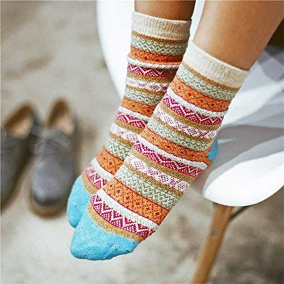 Womens 5 Pairs Vintage Style Thick Crew Socks - Picture 7 of 16